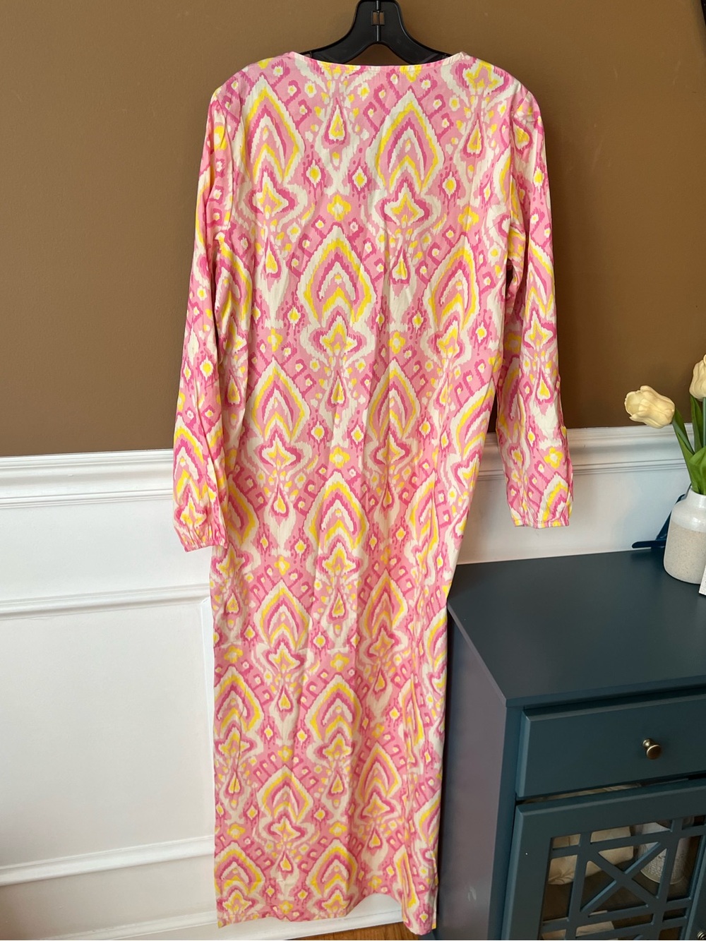 Sail to Sable Pink Ikat Yellow Patterned Maxi Dress Long Caftan Size M Yacht - Picture 5 of 6